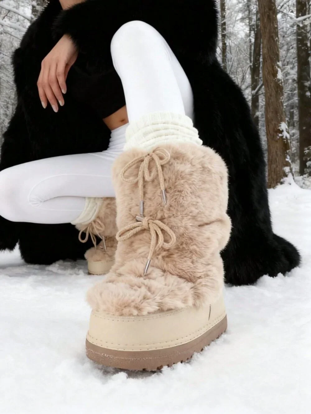 Apricot Cute Women's Lace-Up Fuzzy Fluffy Round Toe Platform Slip On Snow Boots